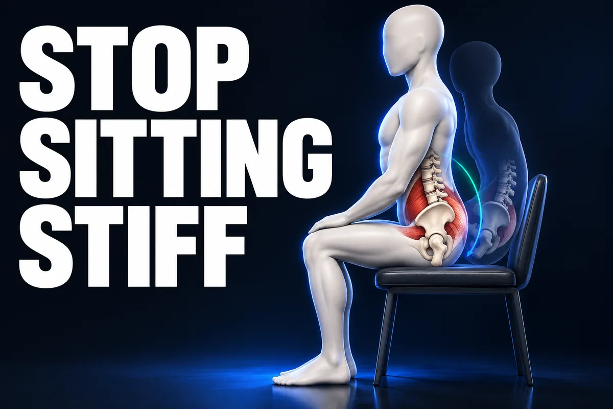 Een gezichtsloze driedimensionale ivoren figuur toont een bekkenbeweging met zichtbaar bekken en onderrug naast STOP SITTING STIFF.