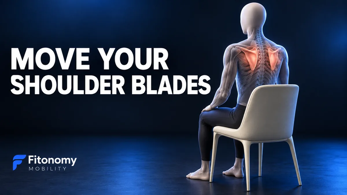Zittend gezichtsloos figuur met zichtbare schouderbladen en de Engelse woorden MOVE YOUR SHOULDER BLADES.