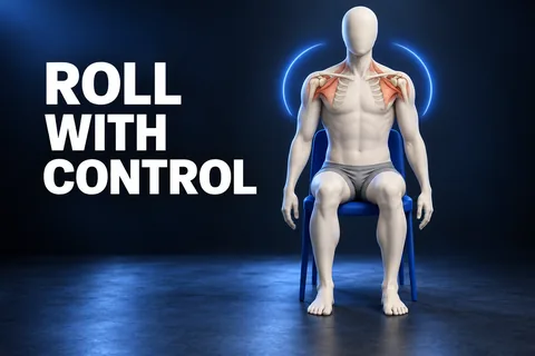Una figura color avorio senza volto siede su una sedia blu con la cintura scapolare visibile accanto al testo inglese ROLL WITH CONTROL.