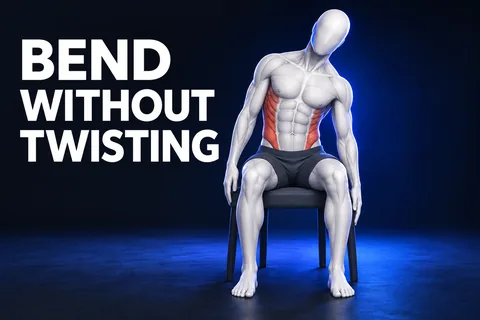 Figura anatomica 3D senza volto inclinata su una sedia, con piedi appoggiati, muscoli laterali evidenziati e BEND WITHOUT TWISTING.