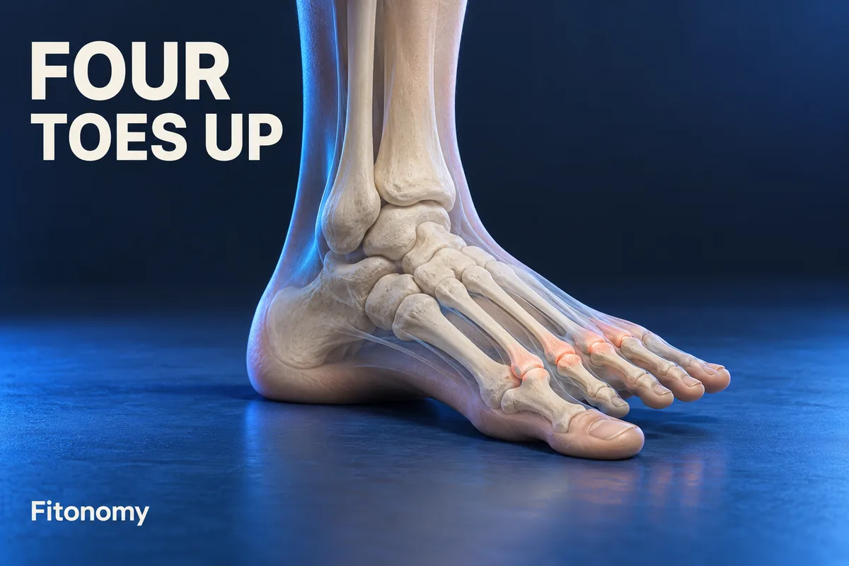 Un piede anatomico con alluce a terra e quattro dita piccole sollevate accanto a FOUR TOES UP.