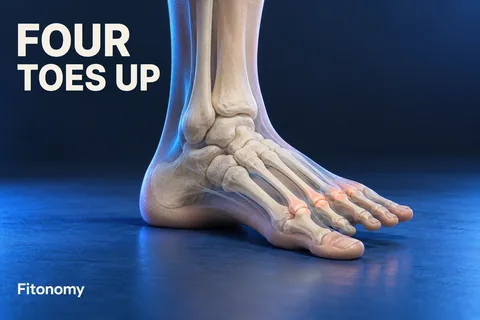 Un piede anatomico con alluce a terra e quattro dita piccole sollevate accanto a FOUR TOES UP.