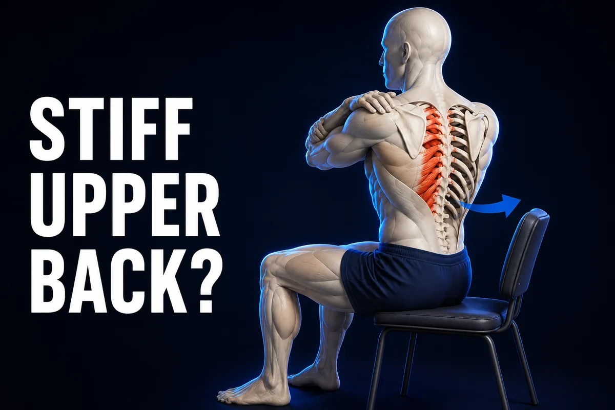 Een ivoorkleurige figuur in 3D draait rustig op een stoel, met een anatomische uitsnede van de bovenrug en de Engelse tekst STIFF UPPER BACK?
