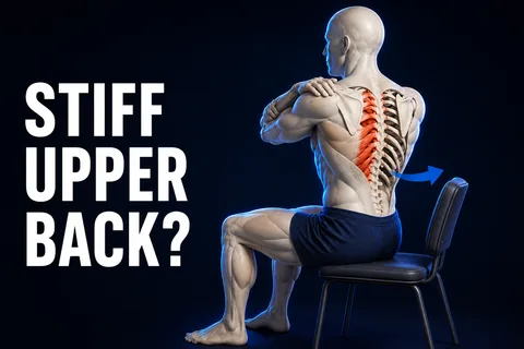 Uma figura em marfim 3D gira suavemente sentada, com um recorte anatômico na parte superior das costas e o texto em inglês STIFF UPPER BACK?