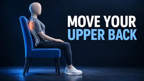 Gesichtslose sitzende Figur mit markiertem oberem Rücken an einem stabilen Stuhl. MOVE YOUR UPPER BACK.