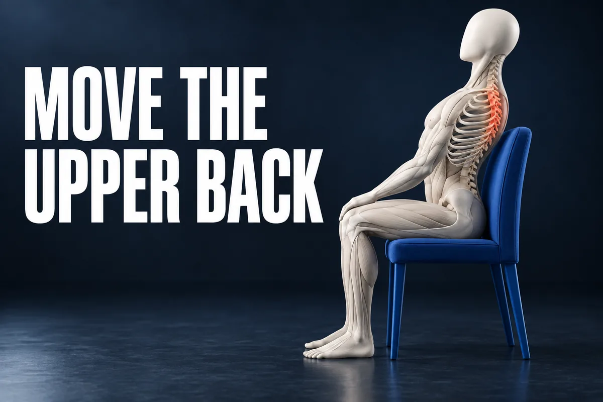 Een gezichtsloze ivoorkleurige figuur maakt een kleine zittende strekking op een blauwe stoel, met de borstwervels in koraal en de Engelse tekst MOVE THE UPPER BACK.