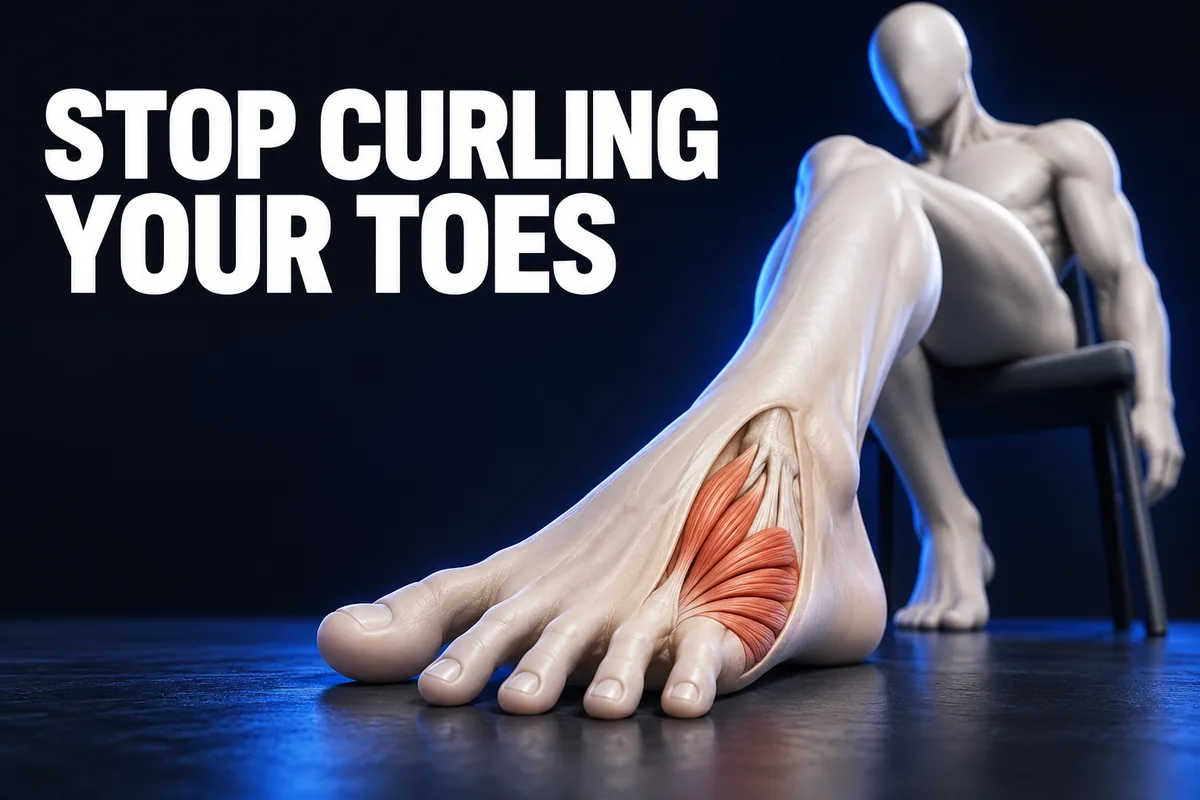 Gezichtsloze driedimensionale ivoren figuur toont een gesteunde voet met koraalkleurige spieren en STOP CURLING YOUR TOES.