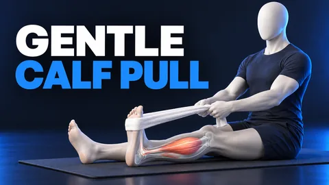 Figura seduta senza volto con asciugamano intorno a un piede e polpaccio evidenziato sotto GENTLE CALF PULL.
