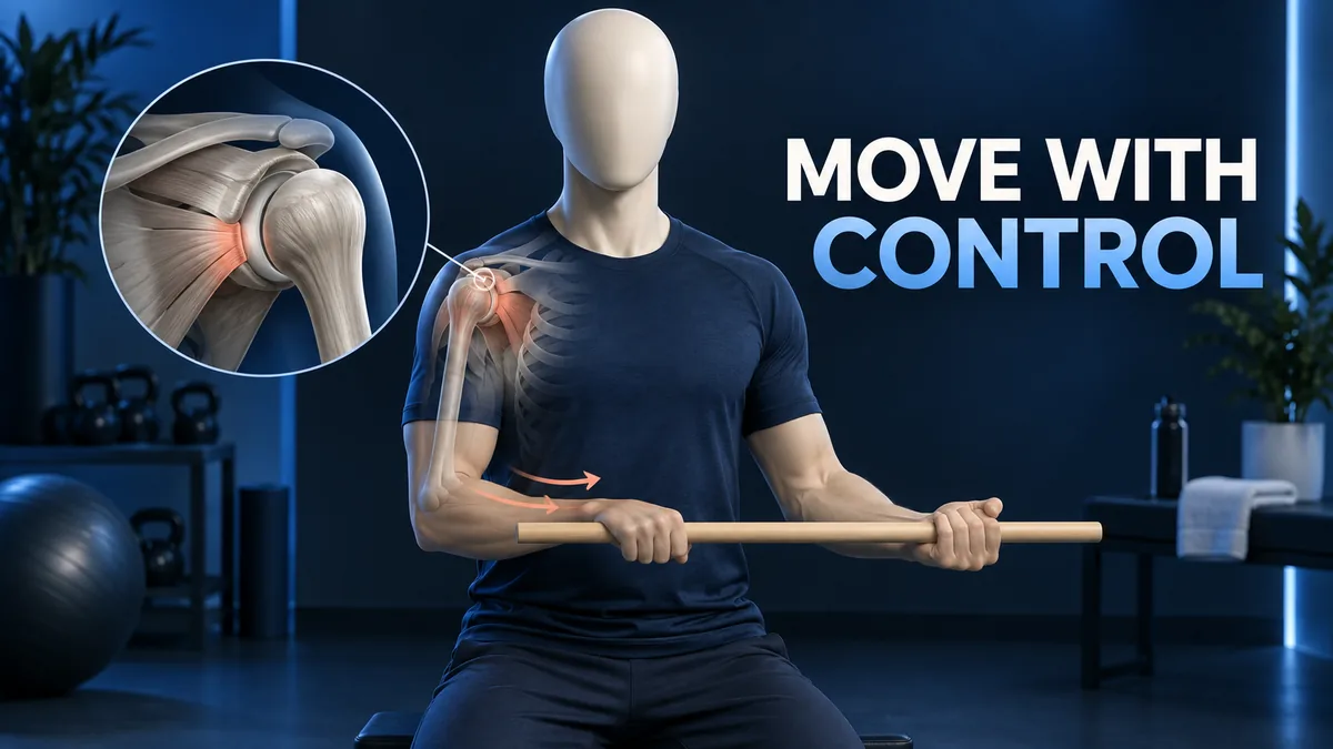 MOVE WITH CONTROL. Een figuur zonder gezicht begeleidt een lichte stok voor het lichaam naast een nauwkeurig getoond schoudergewricht.
