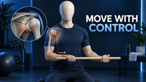 MOVE WITH CONTROL. Eine gesichtslose Figur führt einen leichten Stab vor dem Körper neben einem hervorgehobenen Schultergelenk.