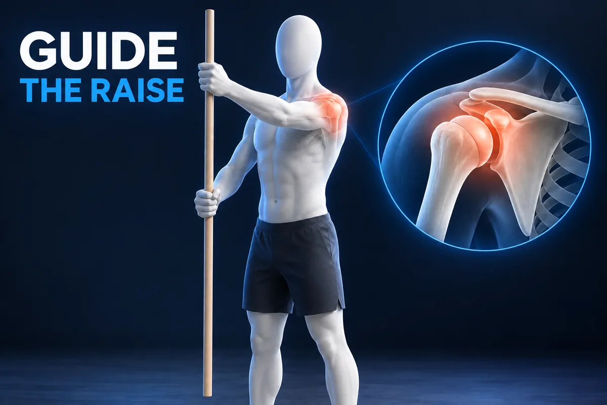 GUIDE THE RAISE. Een figuur met glad hoofd zonder gezicht begeleidt een kleine armheffing met een stok en een koraalkleurige schoudermarkering.