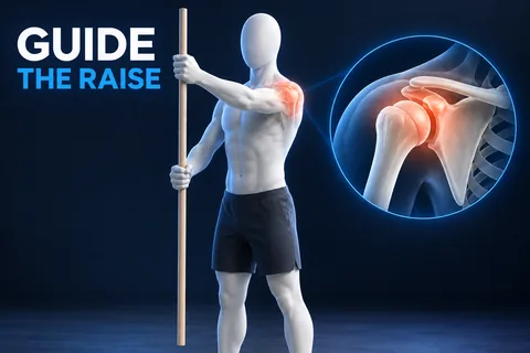 GUIDE THE RAISE. Una figura con testa liscia e senza volto guida un piccolo sollevamento con un bastone e la spalla evidenziata in corallo.