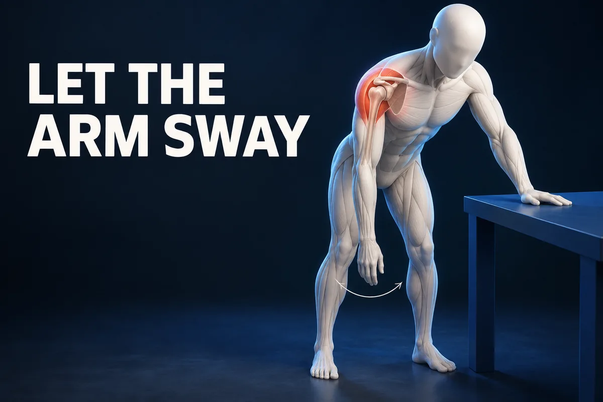 LET THE ARM SWAY. Een anatomische figuur met een glad gezicht steunt op een stevige tafel, met de ontspannen schouder en hangende arm uitgelicht.