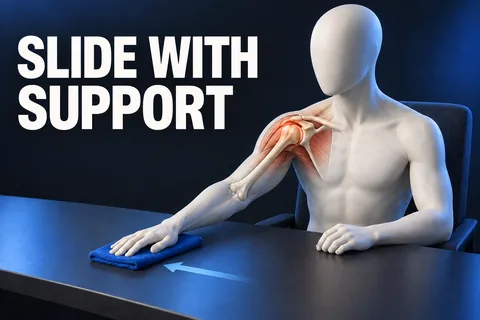 Sitzende gesichtslose Anatomiefigur schiebt eine Hand auf einem Tuch über den Tisch, mit Schulterdetail und den englischen Worten SLIDE WITH SUPPORT.