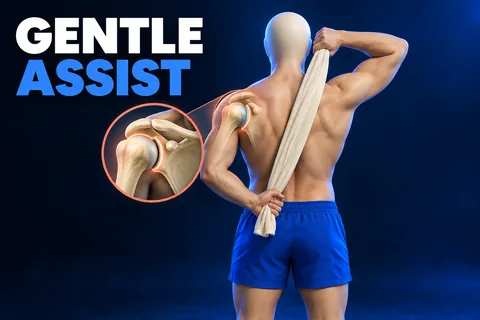 Figura sem rosto com toalha atrás das costas e detalhe da articulação do ombro, com GENTLE ASSIST.