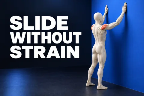 Figura anatomica tridimensionale senza volto con muscoli delle spalle corallo, mani su una parete blu e testo SLIDE WITHOUT STRAIN.