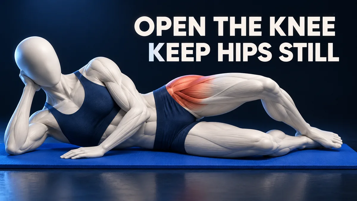 Gezichtsloze persoon met glad hoofd ligt opzij, bovenste knie geopend, voeten samen en zijkant van de heup gemarkeerd. OPEN THE KNEE KEEP HIPS STILL.