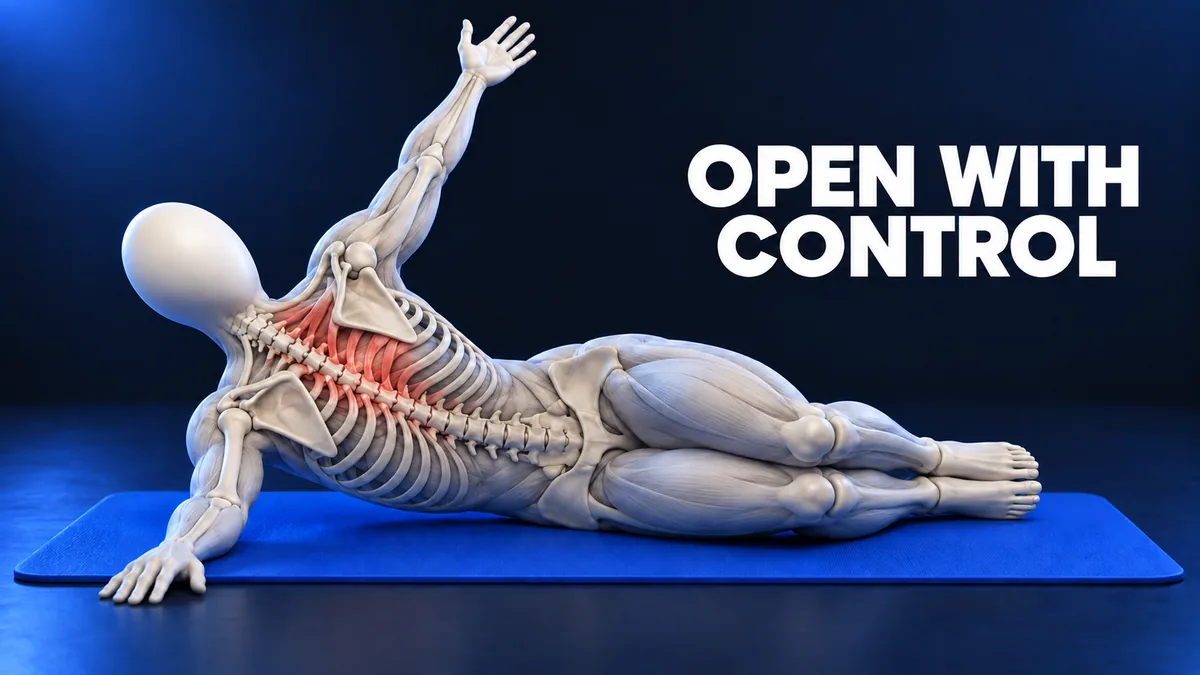 Gezichtsloze anatomische figuur ligt op de zij met nadruk op de borstwervelkolom en de Engelse woorden OPEN WITH CONTROL.