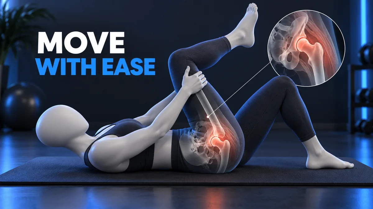 Een gezichtsloze figuur op een mat brengt een bovenbeen naar de borst naast de tekst MOVE WITH EASE.