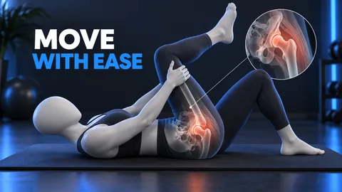 Una figura senza volto su un tappetino avvicina una coscia al petto accanto al testo MOVE WITH EASE.