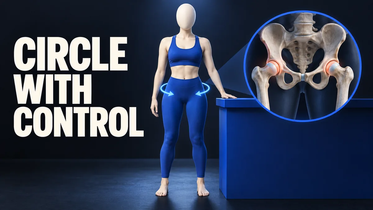 Een staande figuur zonder gezicht met beide voeten op de vloer en een subtiel benadrukt heupgewricht naast de woorden CIRCLE WITH CONTROL.