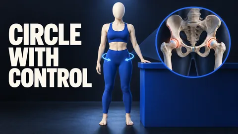 Una figura in piedi senza volto, con i piedi appoggiati e l'articolazione dell'anca evidenziata accanto alle parole CIRCLE WITH CONTROL.