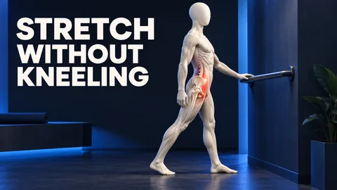 Figura senza volto in posizione sfalsata con sostegno e parte anteriore dell’anca posteriore evidenziata sotto STRETCH WITHOUT KNEELING.