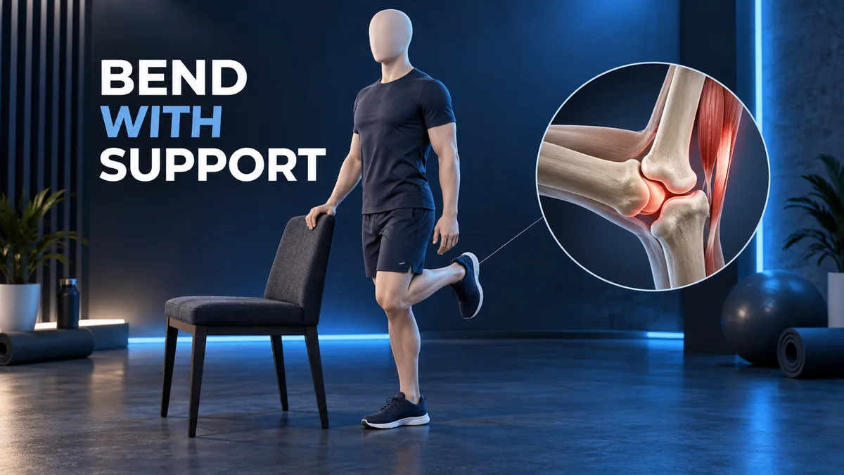 BEND WITH SUPPORT. Een figuur zonder gezicht houdt een stevige stoel vast en tilt een hiel naar de zitting bij een gemarkeerd kniegewricht.