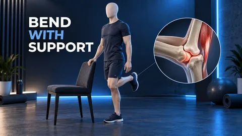 BEND WITH SUPPORT. Eine gesichtslose Figur hält einen stabilen Stuhl, während eine Ferse in Richtung Sitzfläche steigt und ein Knie hervorgehoben ist.