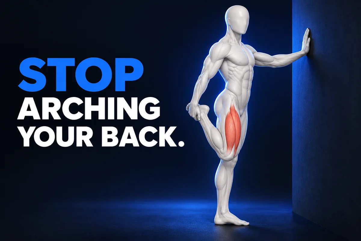 Ivoorkleurige anatomische 3D figuur zonder gezicht die staand met steun de bovenbeenspier rekt, quadriceps in koraalrood en tekst STOP ARCHING YOUR BACK.