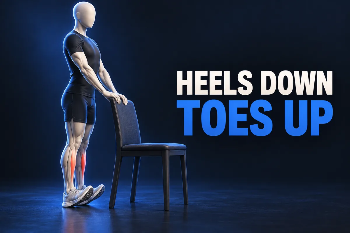 Gezichtsloze anatomische figuur houdt een stevige stoel vast, hielen op de vloer en voorvoeten opgetild. HEELS DOWN TOES UP.