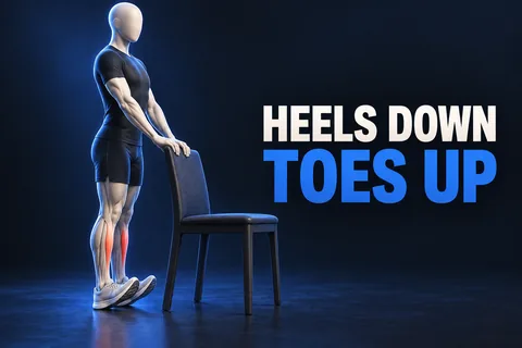 Gesichtslose anatomische Figur hält einen festen Stuhl, Fersen am Boden und Vorderfüße angehoben. HEELS DOWN TOES UP.
