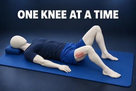 Figura marfim vestida e sem rosto de barriga para cima, um joelho abre com detalhe da coxa interna, ONE KNEE AT A TIME.
