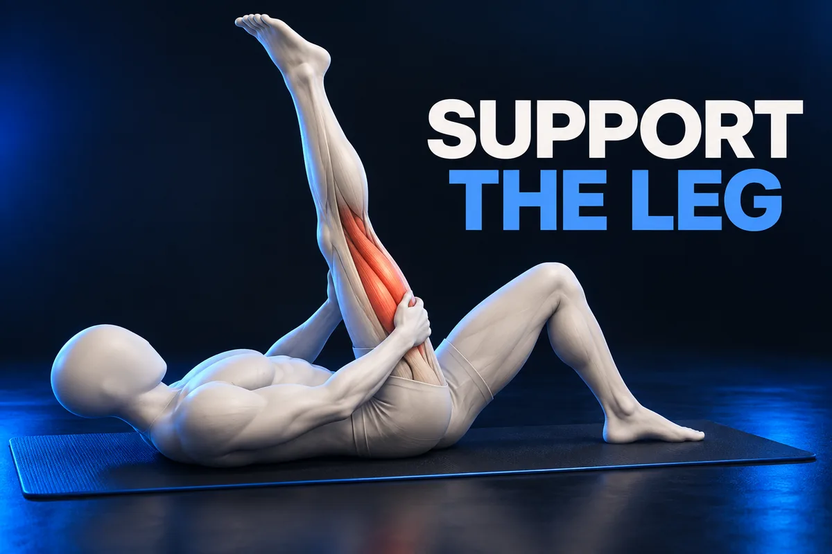 Een gezichtsloze ivoren sporter ligt op een mat en ondersteunt het opgetilde bovenbeen naast SUPPORT THE LEG.