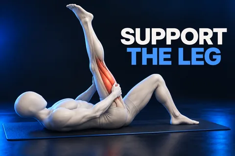 Un atleta avorio senza volto è sdraiato e sostiene una coscia con anatomia corallo accanto a SUPPORT THE LEG.