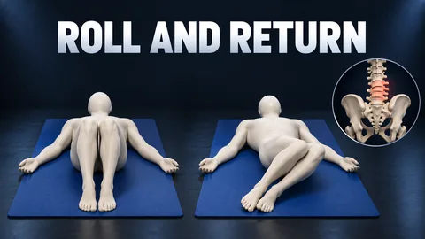 Due figure avorio senza volto mostrano partenza e rotazione vicino alla colonna lombare sotto il testo inglese ROLL AND RETURN.