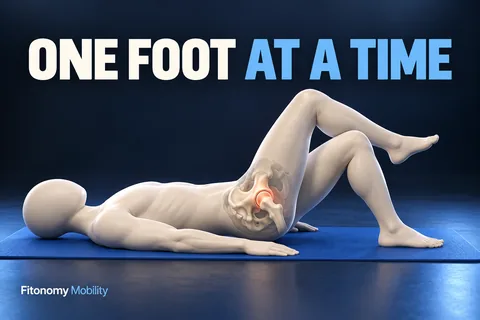 Figura sem rosto elevando uma perna dobrada com anatomia da anca e o texto ONE FOOT AT A TIME