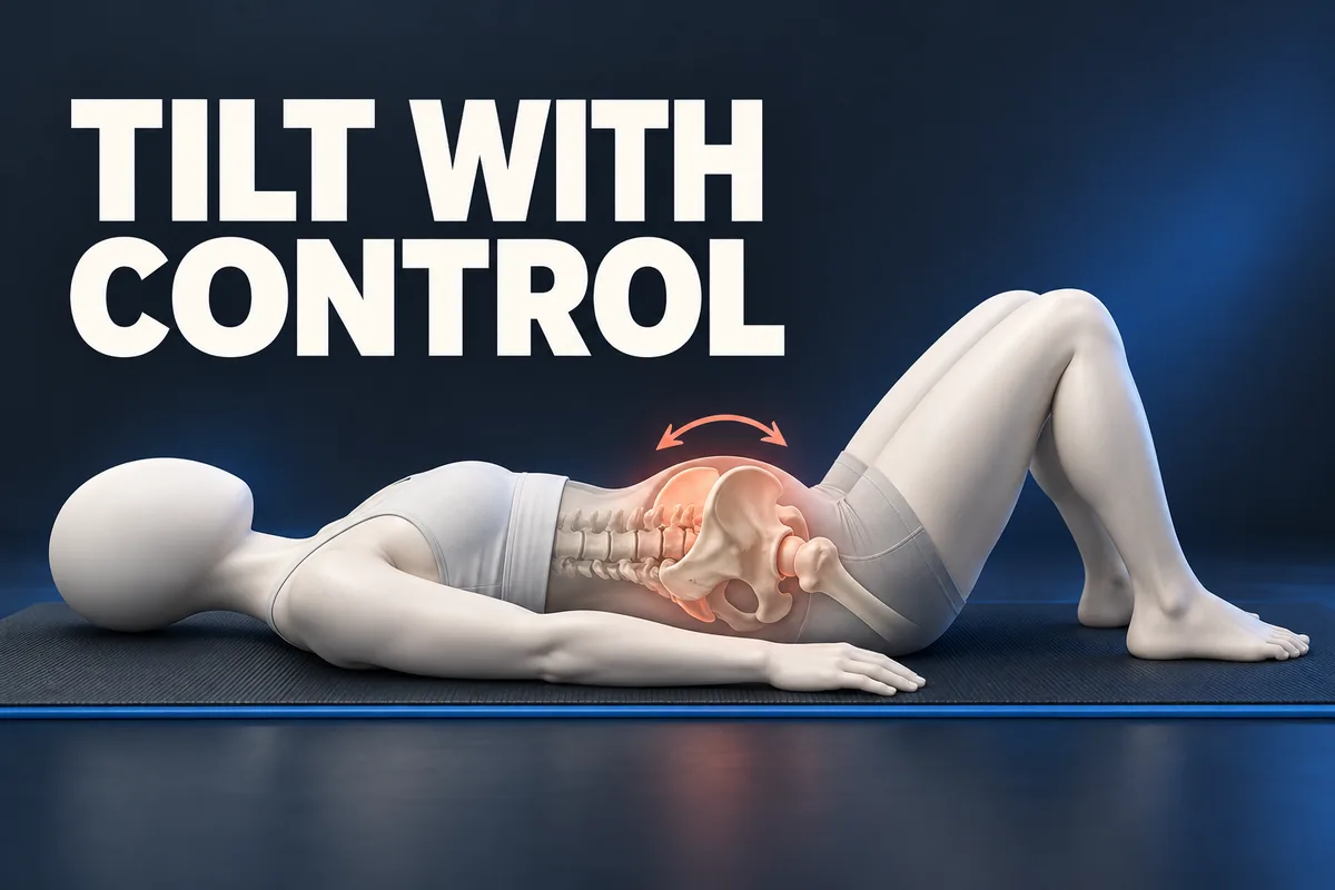Gezichtsloze persoon ligt met gebogen knieën en zichtbaar bekken onder de woorden TILT WITH CONTROL.