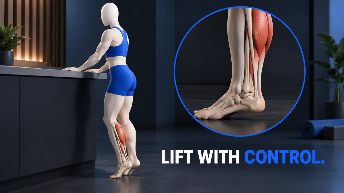 Een gezichtsloze figuur met juiste enkelanatomie tilt beide hielen bij een vast aanrecht onder de tekst LIFT WITH CONTROL.