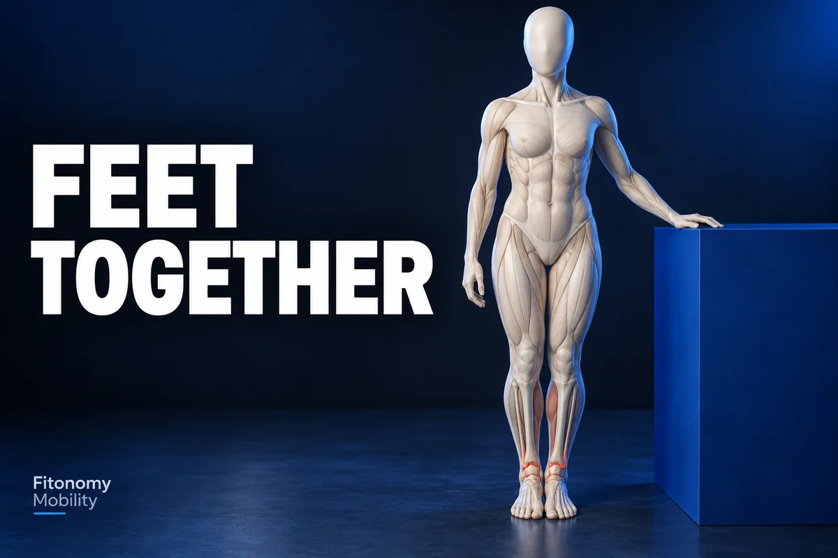 Figura anatômica sem rosto com os pés paralelos juntos, uma mão numa bancada fixa e ossos do tornozelo visíveis, com FEET TOGETHER.