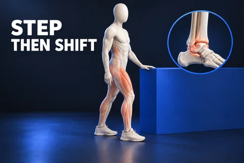 Figura anatomica senza volto con un piede avanti accanto a un piano fisso, dettaglio delle ossa della caviglia e scritta STEP THEN SHIFT.
