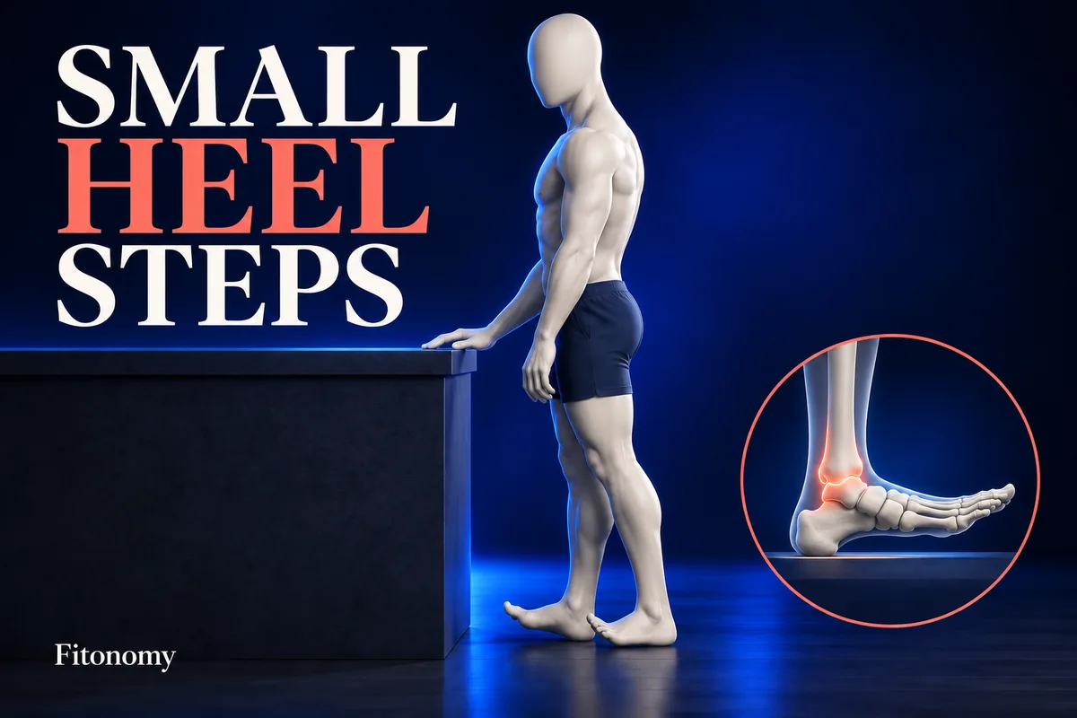 Een ivoorkleurige figuur met glad leeg hoofd houdt een aanrecht vast met hielen op de vloer en voorvoeten omhoog, naast een enkeldetail. SMALL HEEL STEPS.