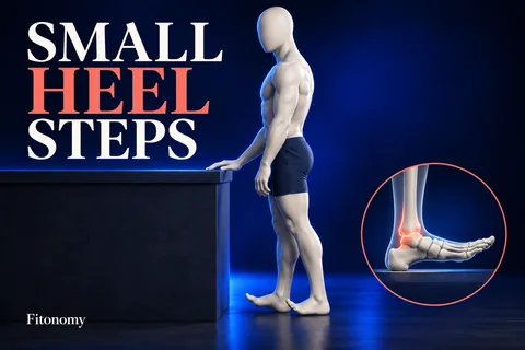 Una figura color avorio dalla testa liscia tiene un piano con talloni a terra e avampiedi sollevati, accanto a un dettaglio della caviglia. SMALL HEEL STEPS.