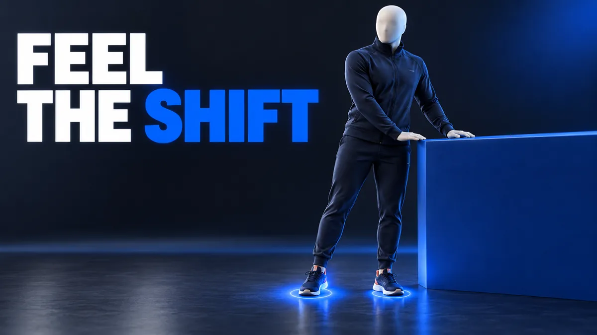 Geklede gezichtsloze figuur bij een kobaltblauw aanrecht, beide voeten op de vloer en FEEL THE SHIFT.