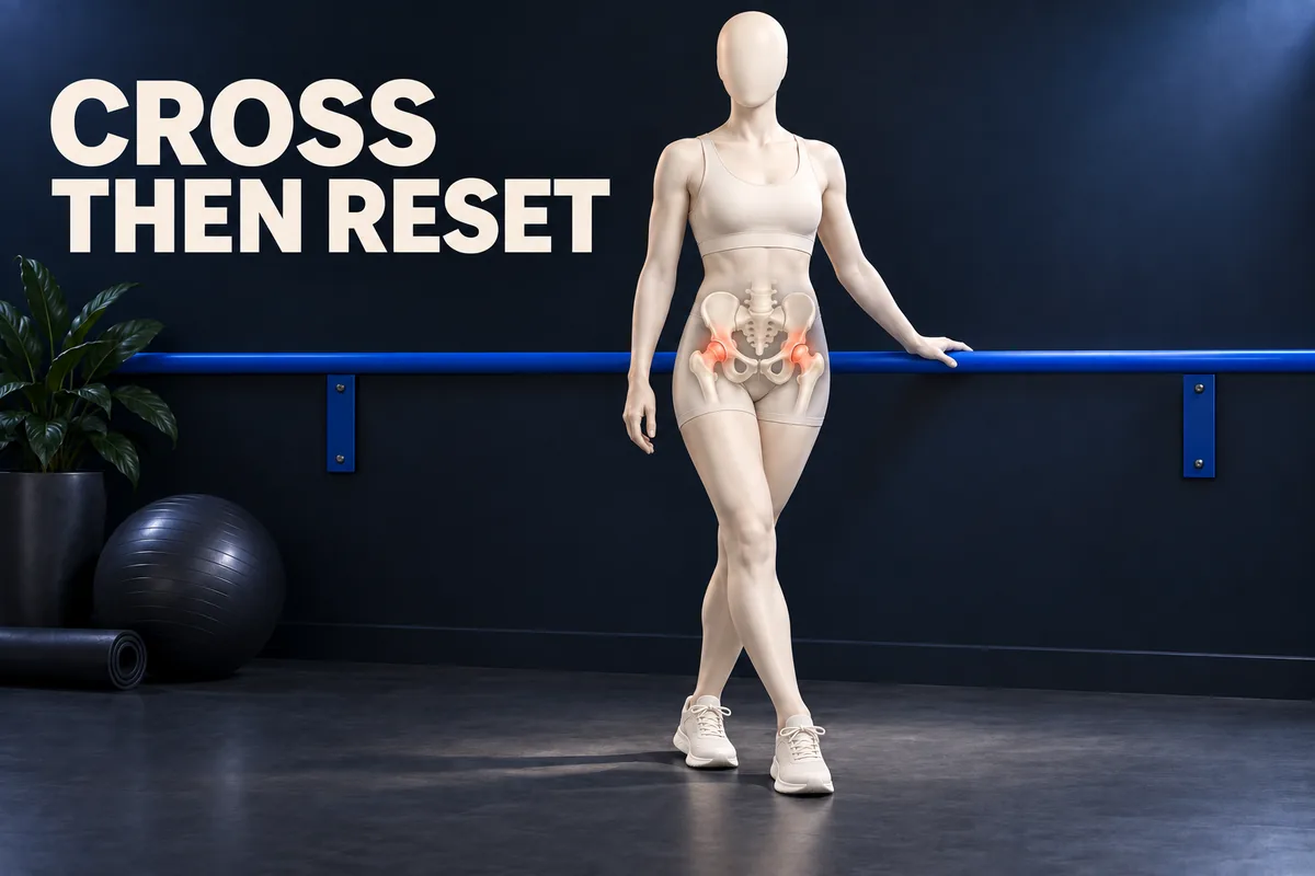 Gezichtsloze ivoorkleurige figuur met kleine kruising voorlangs naast kobaltblauwe steun, heupanatomie en Engelse tekst CROSS THEN RESET.