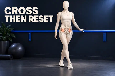 Figura avorio senza volto con un piccolo incrocio davanti vicino a sostegno cobalto, anatomia dell’anca e scritta inglese CROSS THEN RESET.