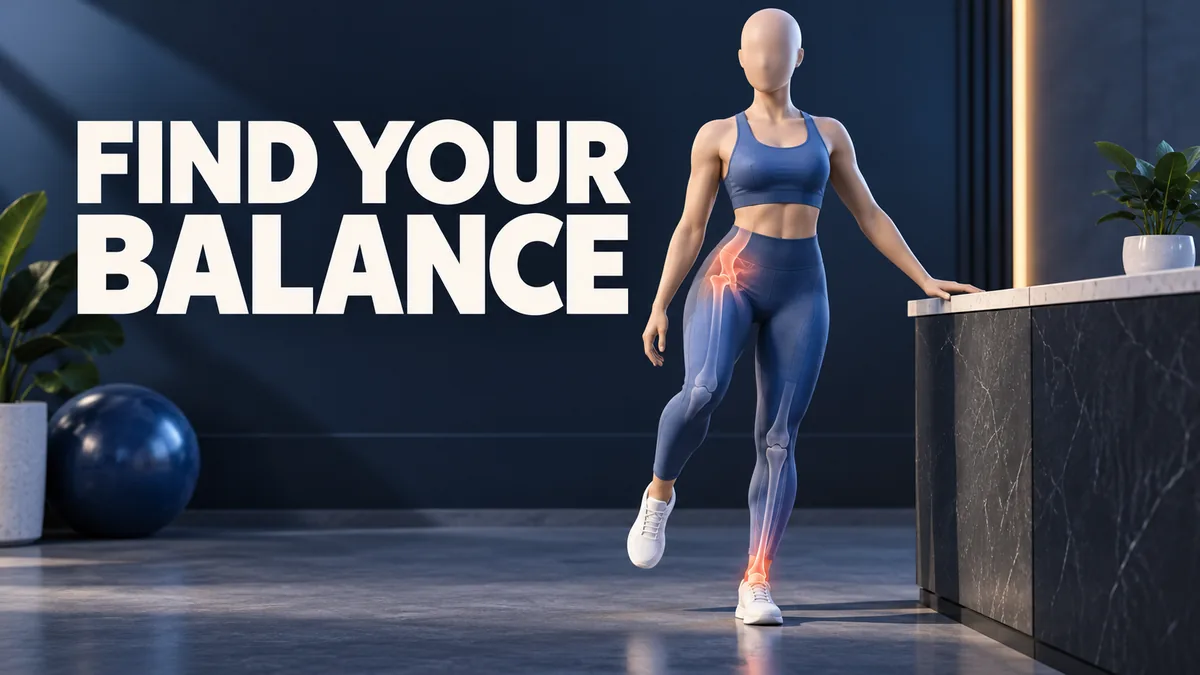 Gezichtsloze figuur in balans naast een vast aanrecht met accenten bij heup en enkel en de Engelse tekst FIND YOUR BALANCE.