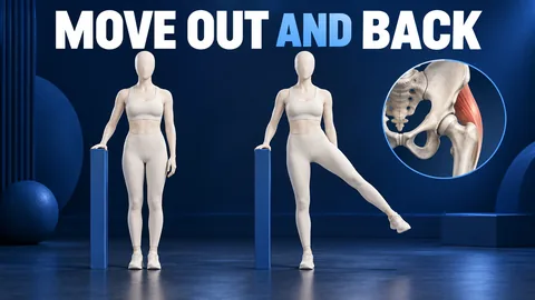 Due figure avorio senza volto mostrano partenza e sollevamento laterale vicino a un’anca sotto il testo inglese MOVE OUT AND BACK.
