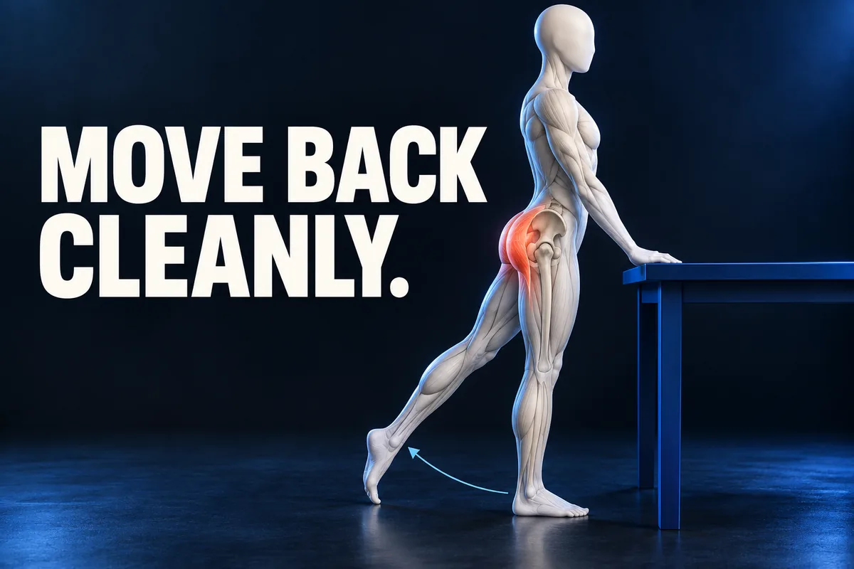 MOVE BACK CLEANLY. Een anatomisch figuur met een glad gezicht zonder gelaatstrekken rust met een hand op een stabiele tafel, terwijl de heup en het korte achterwaartse beenpad zijn gemarkeerd.