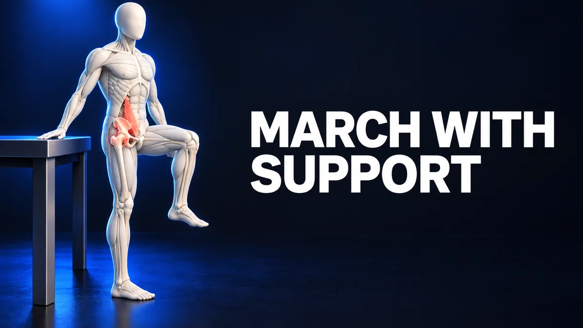 Gezichtsloze anatomische figuur houdt een vaste werkbank vast en heft een gebogen knie met gemarkeerde heup en Engelse woorden MARCH WITH SUPPORT.